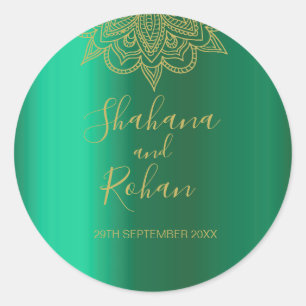 Indian Style Gree Gold Coloured Modern Chic Weddin Classic Round Sticker