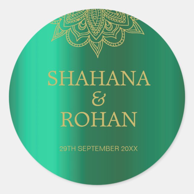 Indian Style Green Gold Coloured Modern Wedding Classic Round Sticker (Front)