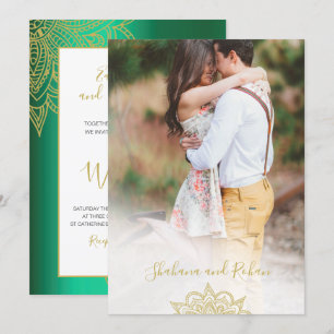 Indian Style Photo Green Gold Modern Chic Wedding Invitation