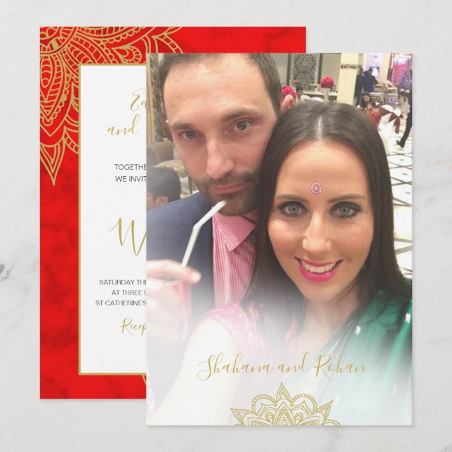 Indian Style Photo Overlay Red Gold Modern Wedding Invitation (Front/Back)