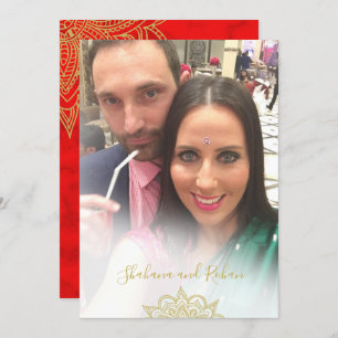 Indian Style Photo Overlay Red Gold Modern Wedding Invitation