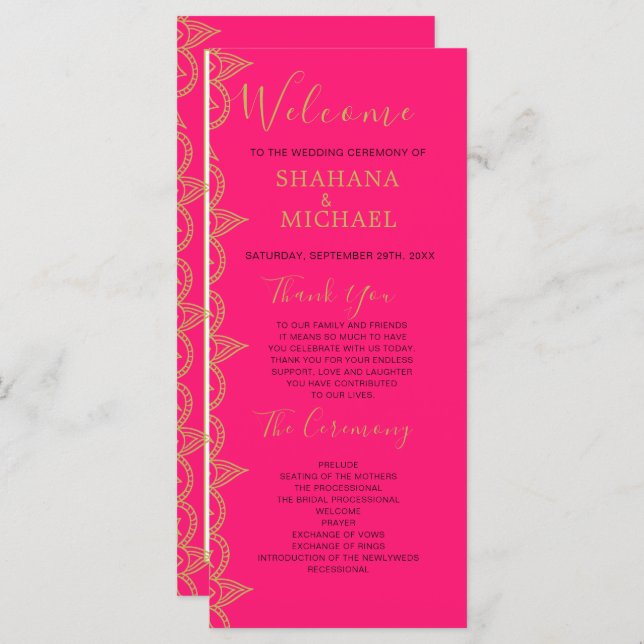 Indian Style Pink Gold Colour Wedding Program Programme (Front/Back)