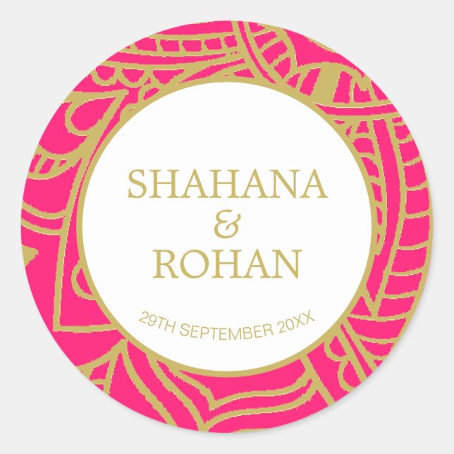 Indian Style Pink  Gold  Modern Wedding Class Classic Round Sticker (Front)