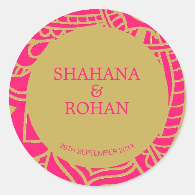 Indian Style Pink  Gold  Modern Wedding   Classic Round Sticker (Front)