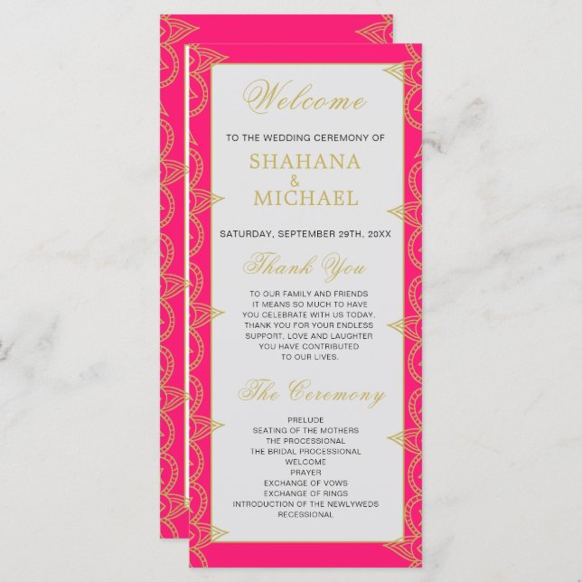 Indian Style Pink Gold Pattern Wedding Program Programme (Front/Back)