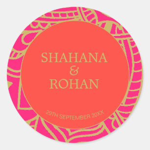 Indian Style Pink Orange Gold Modern Wedding Cla Classic Round Sticker