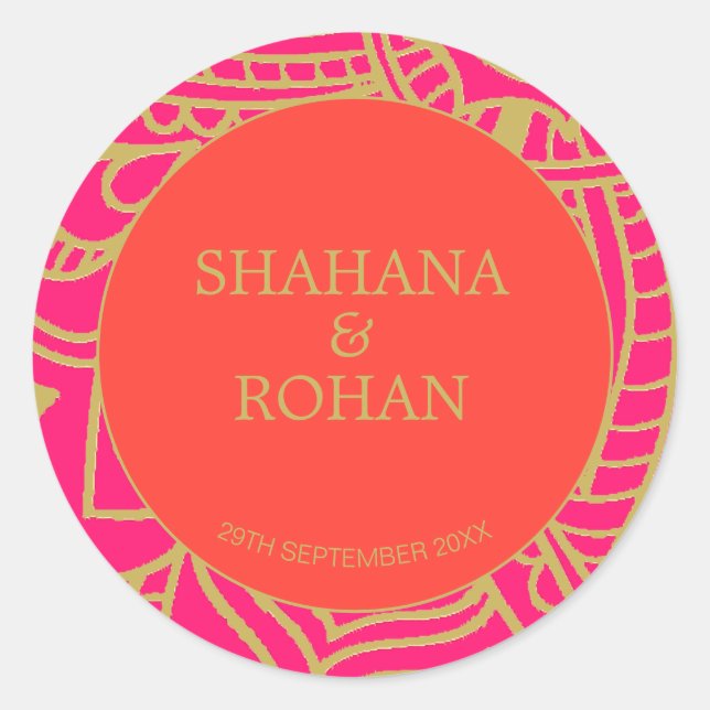 Indian Style Pink Orange Gold  Modern Wedding  Cla Classic Round Sticker (Front)