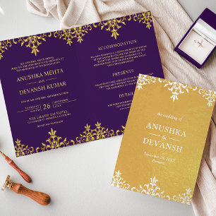 Indian Style Purple Gold Damask Wedding Invitation