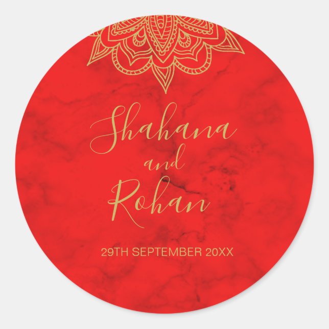 Indian Style Red Gold Coloured Modern Chic Wedding Classic Round Sticker (Front)