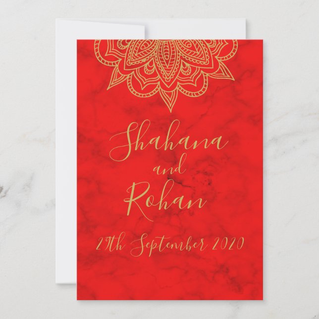 Indian Style Red Gold Coloured Modern Chic Wedding Invitation (Front)
