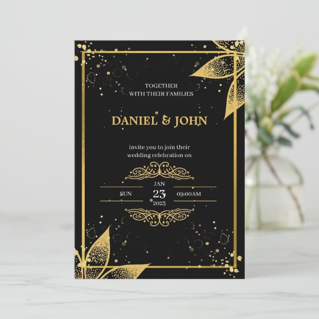 Indian Style Wedding Invitation: Black and Gold Invitation (Standing Front)