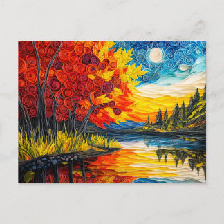 Indian Summer Lake Scene in Quilling Postcard