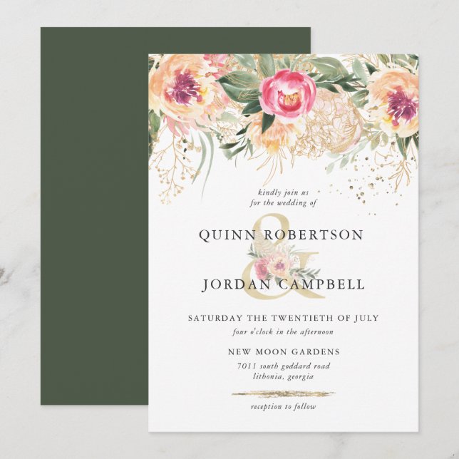 Indian Summer | Watercolor Pink Peonies Wedding Invitation (Front/Back)