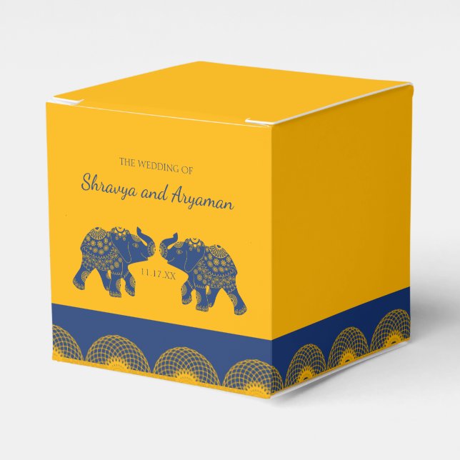 Indian Themed Elephants in Royal Blue Wedding  Favour Box (Front Side)