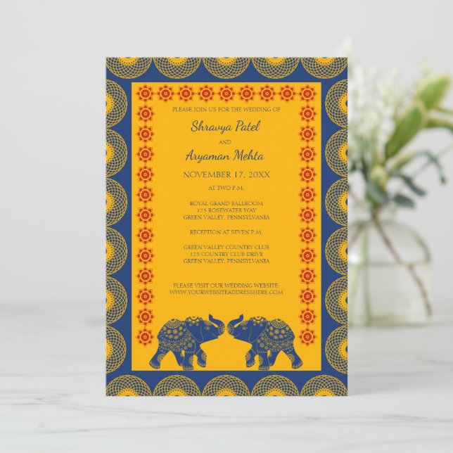 Indian Themed Elephants in Royal Blue Wedding  Invitation (Standing Front)