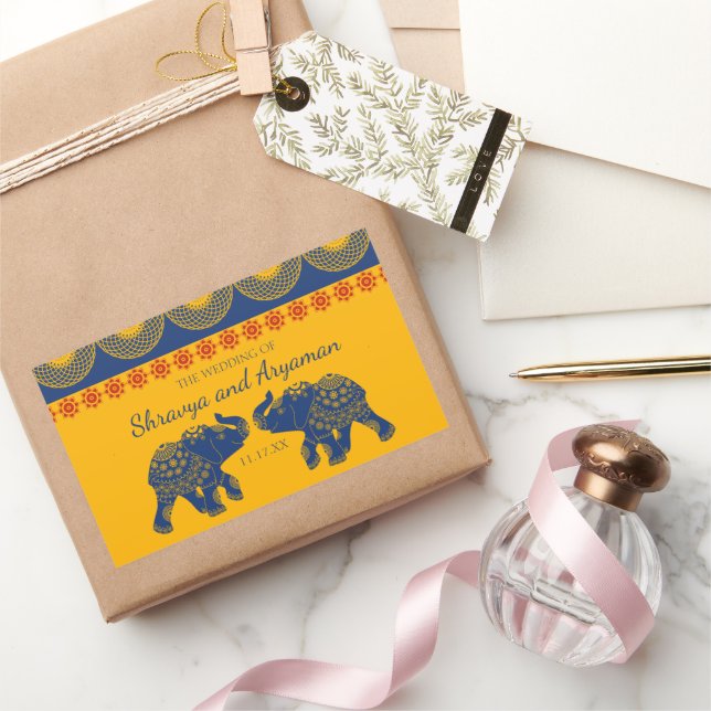 Indian Themed Elephants in Royal Blue Wedding  Rectangular Sticker (Gifting)