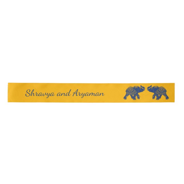 Indian Themed Elephants in Royal Blue Wedding  Satin Ribbon (Front)