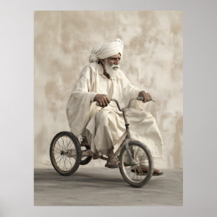 Indian Traditional Attire Riding Vintage Tricycle Poster