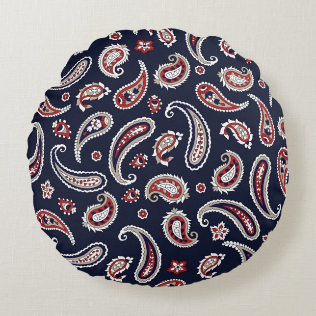 Indian Traditional paisley pattern on navy Round Cushion (Front)