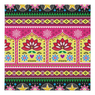 Indian truck art floral seamless folk art pattern, faux canvas print