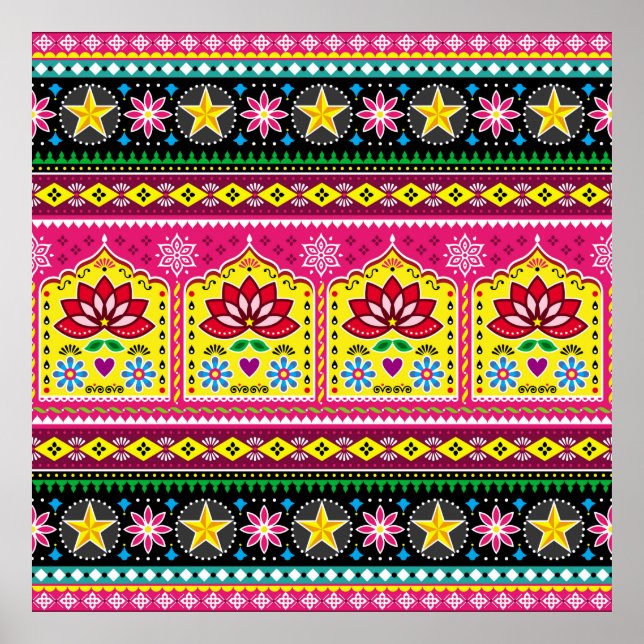Indian truck art floral seamless folk art pattern, poster (Front)