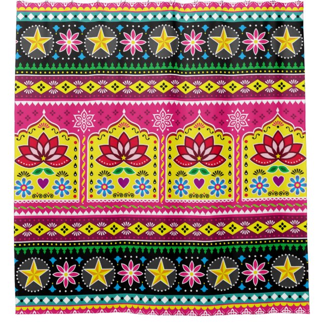 Indian truck art floral seamless folk art pattern, shower curtain (Front)