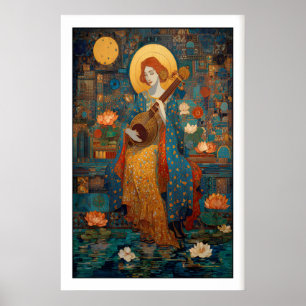 Indian Wall Art Saraswati Veena Print, Lotus and