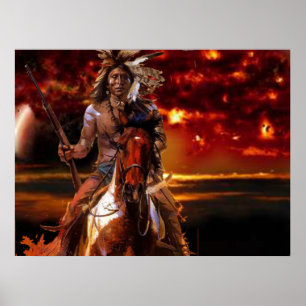 Indian Warrior Riding through the fire Poster