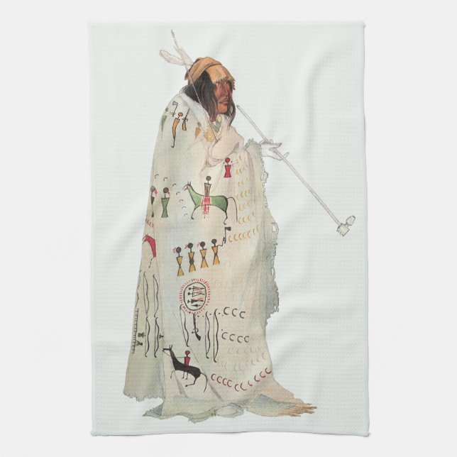 Indian Warrior with Pipe Portrait by Karl Bodmer Tea Towel (Vertical)