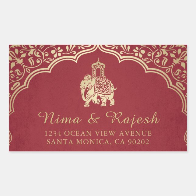 Indian Wedding Address Labels, Blue and Gold Rectangular Sticker (Front)
