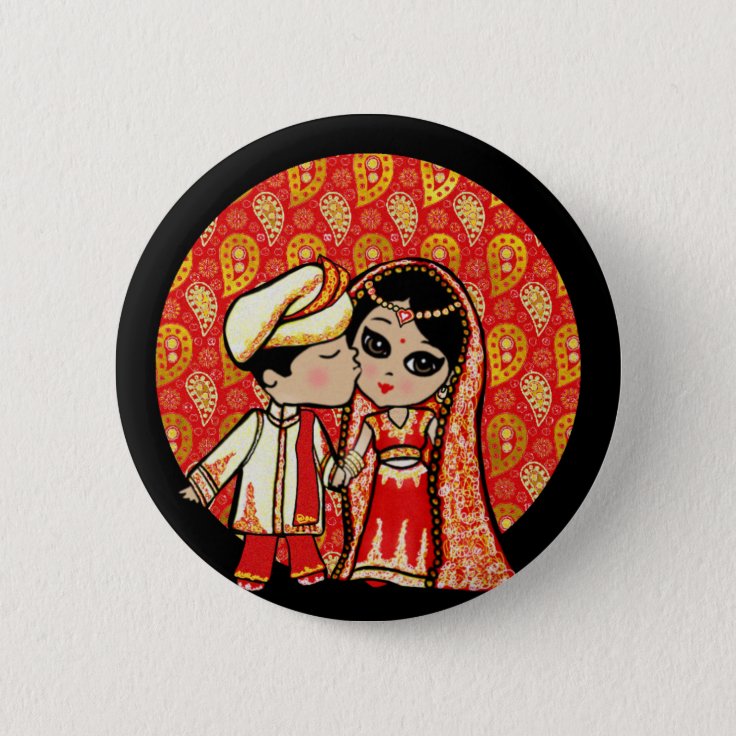 Indian Wedding Cute Bride Groom Cartoon 6 Cm Round Badge | Zazzle