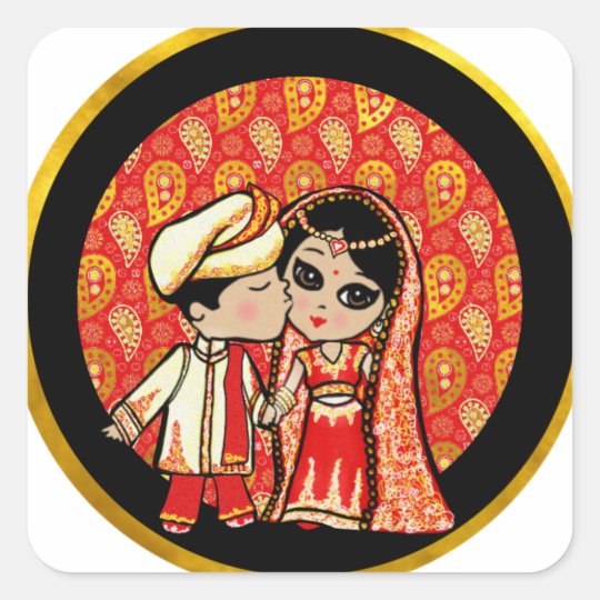 Indian Wedding Cute Bride Groom Cartoon Customised Square Sticker
