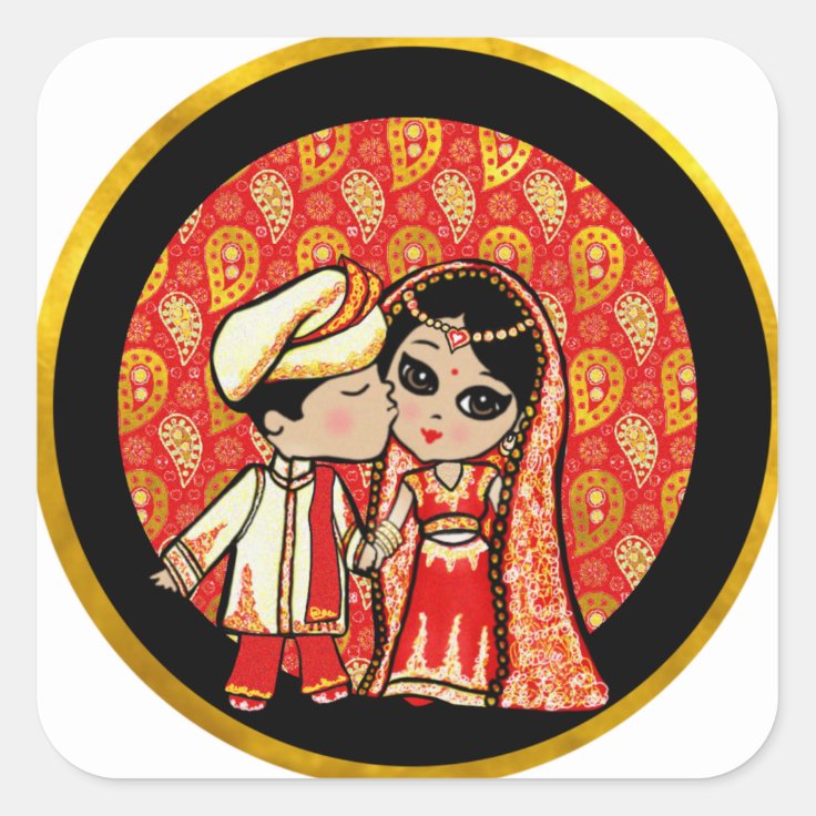 Indian Wedding Cute Bride Groom Cartoon Customised Square Sticker | Zazzle