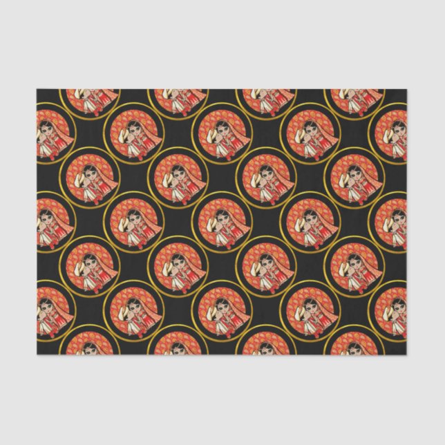 Indian Wedding Cute Bride Groom Cartoon Customised Tissue Paper (Front)