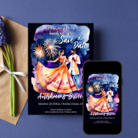 Indian wedding dancing couple fireworks save date