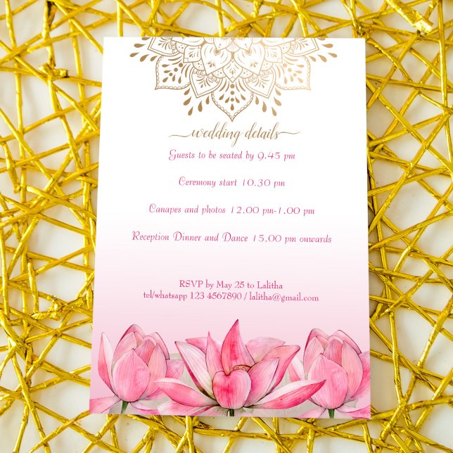 Indian wedding details RSVP lotus gold mandala Invitation (Creator Uploaded)