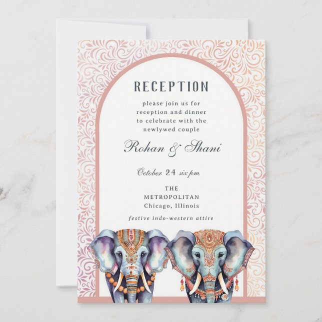 Indian Wedding Elephant Floral Reception Invitation (Front)