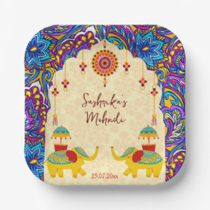 Indian wedding elephants blue pattern personalised paper plate