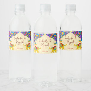 Indian wedding elephants blue pattern personalised water bottle label