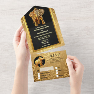 Indian wedding elephants luxury black gold chic all in one invitation