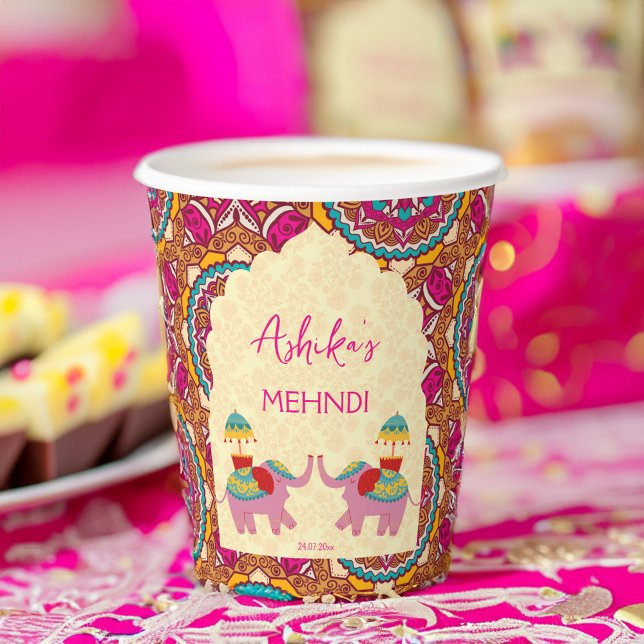 Indian wedding elephants personalised mehndi paper cups (Indian wedding mehndi cute elephants personalized name paper cups customized mehndi table decor)