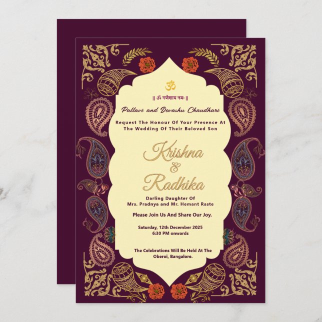 Indian wedding ethnic luxury Hindu invitation (Front/Back)