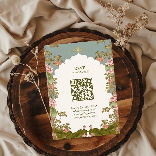 Indian Wedding Floral Lotus Oriental QR code RSVP  Enclosure Card (RSVP Card with QR code Indian Wedding)