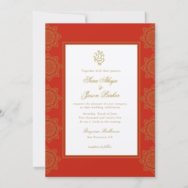 Indian Wedding Ganesh Red & Gold Mandala  Invitation (Front)