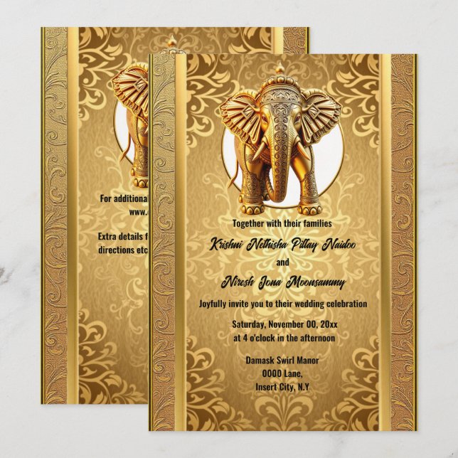 Indian wedding gold black elephants damask asian  invitation (Front/Back)