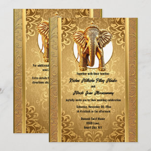 Indian wedding gold black elephants damask asian invitation