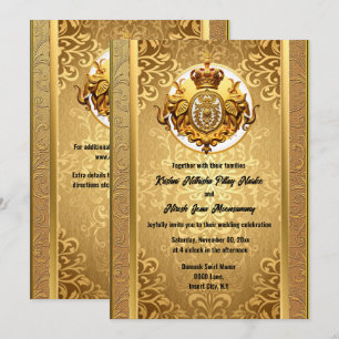 Indian wedding gold black elephants damask elegant invitation