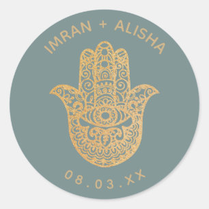 Indian Wedding Gold Blue hamsa Henna Classic Round Sticker
