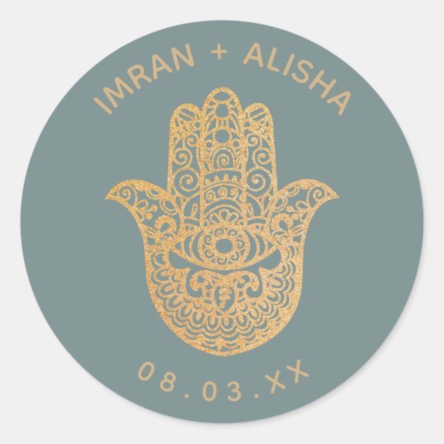Indian Wedding Gold Blue hamsa Henna Classic Round Sticker (Front)