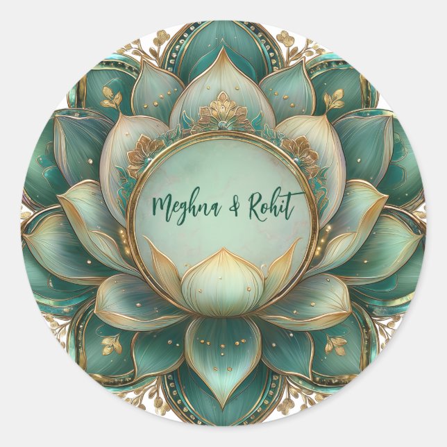 Indian Wedding Gold Green Lotus Classic Round Sticker (Front)